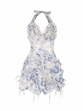 The Cannes Playsuit Set Selkie Blue and White Halter Floral Swim Dress